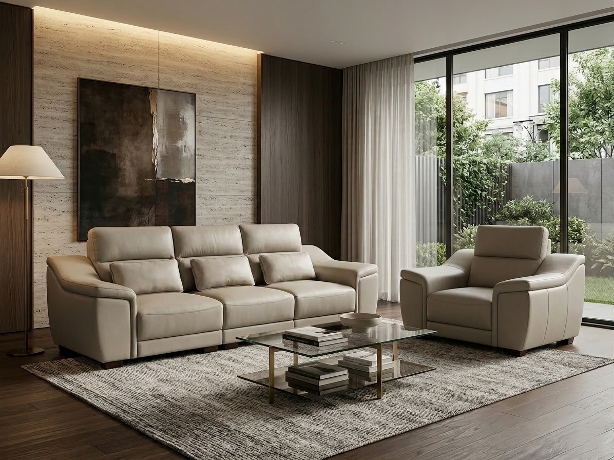 Bộ sofa Como trong không gian phòng khách có cửa kính lớn