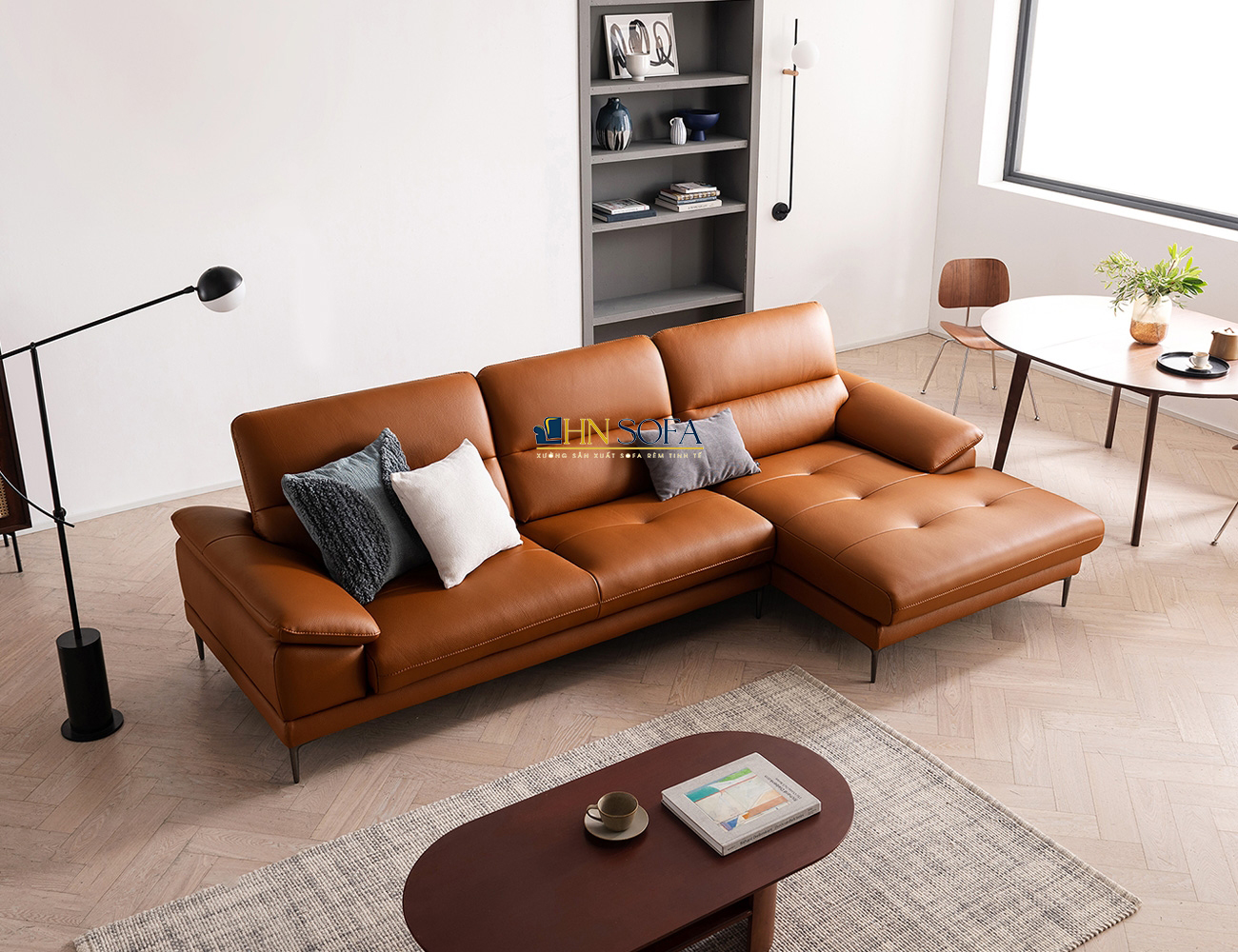 mẫu sofa góc da Malaysia nâu bò HNS38